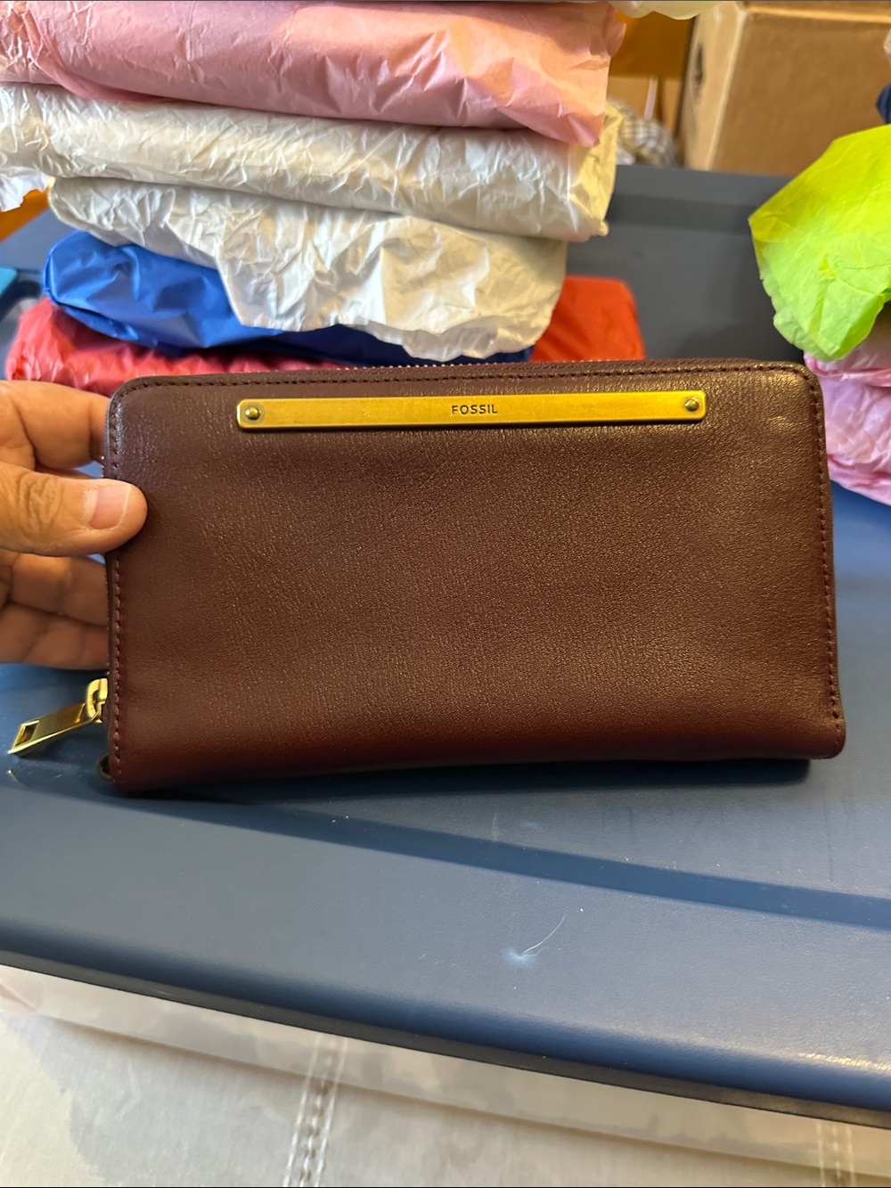 Fossil Burgundy Leather Zip-Around Wallet with Gold Bar